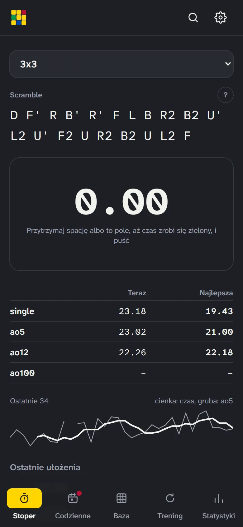 Stoper CubeKnowlage na telefonie: scramble, czas, ao5, ao12 i wykres