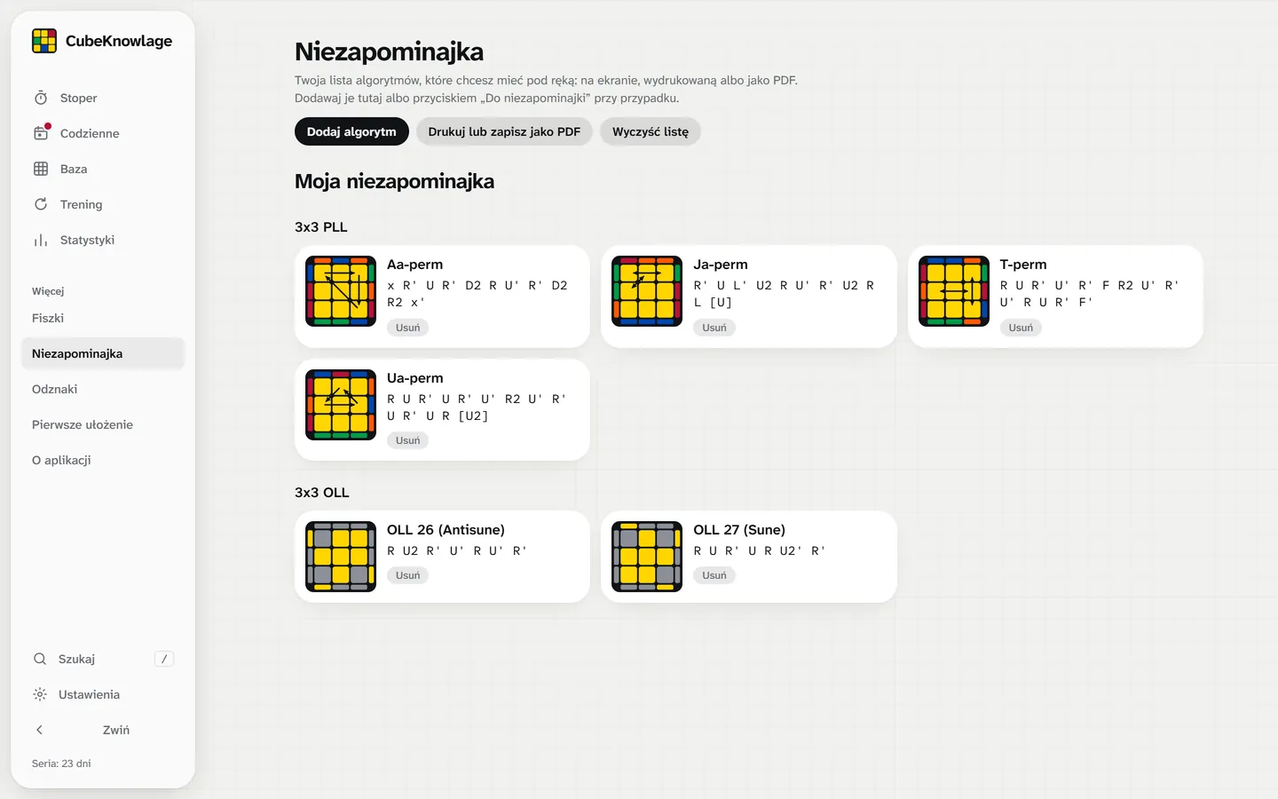 Niezapominajka: karty wybranych algorytmów z diagramami i ruchami, gotowe do wydruku