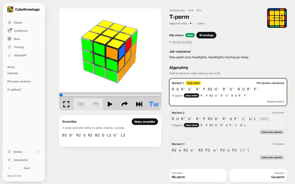 T-perm: animacja 3D układa przypadek, obok algorytm z triggerami