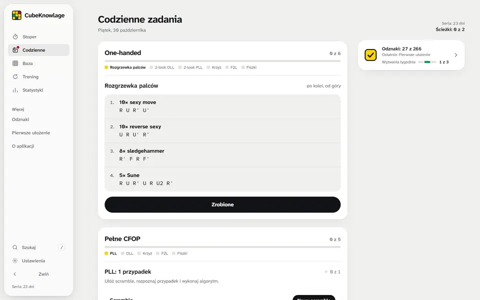 Codzienne zadania: „Zrobione, następny” przesuwa pasek karty i pokazuje kolejne zadanie